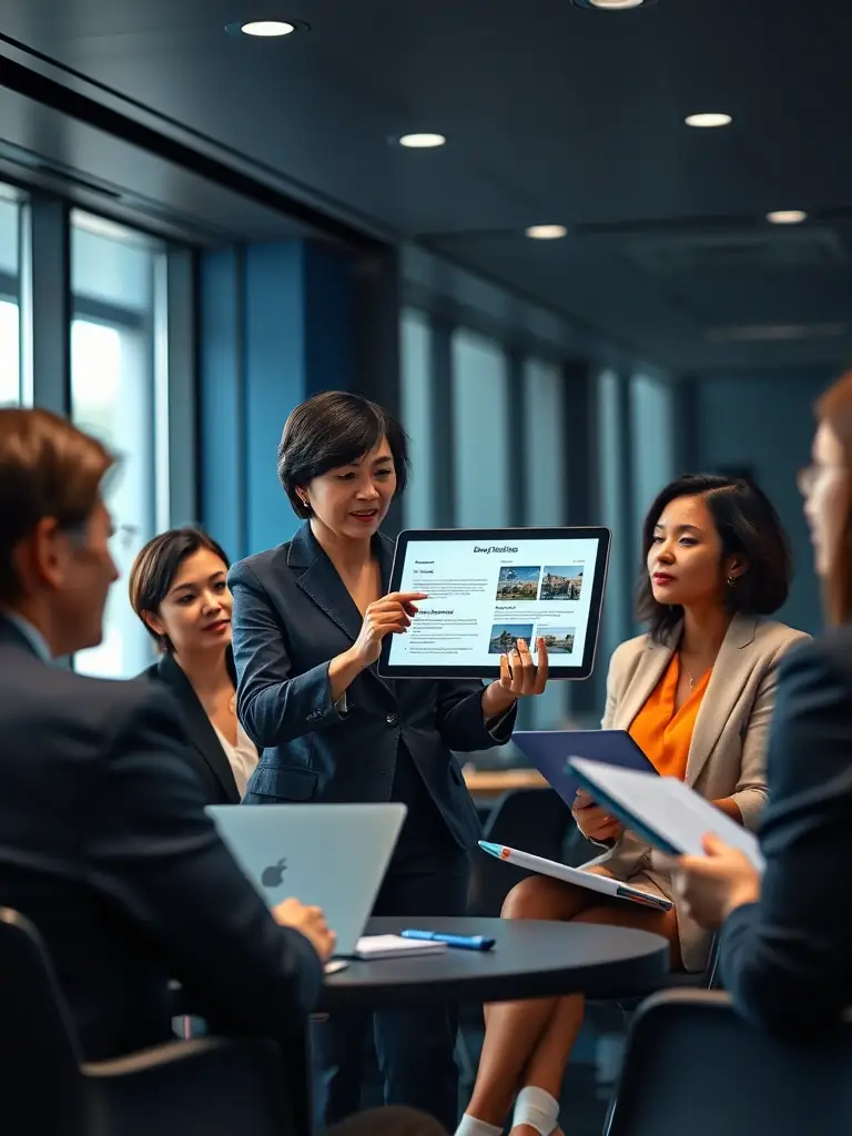 A consultant reviewing branding guidelines with a real estate agency's marketing team, focusing on logo consistency and brand messaging across digital platforms.