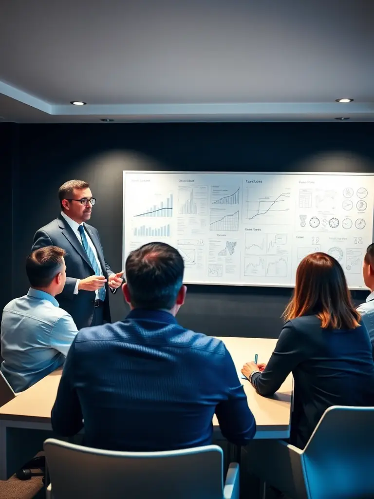 A consultant in a suit, presenting a strategic plan on a whiteboard to a team of real estate professionals in a modern office. The atmosphere is collaborative and focused.
