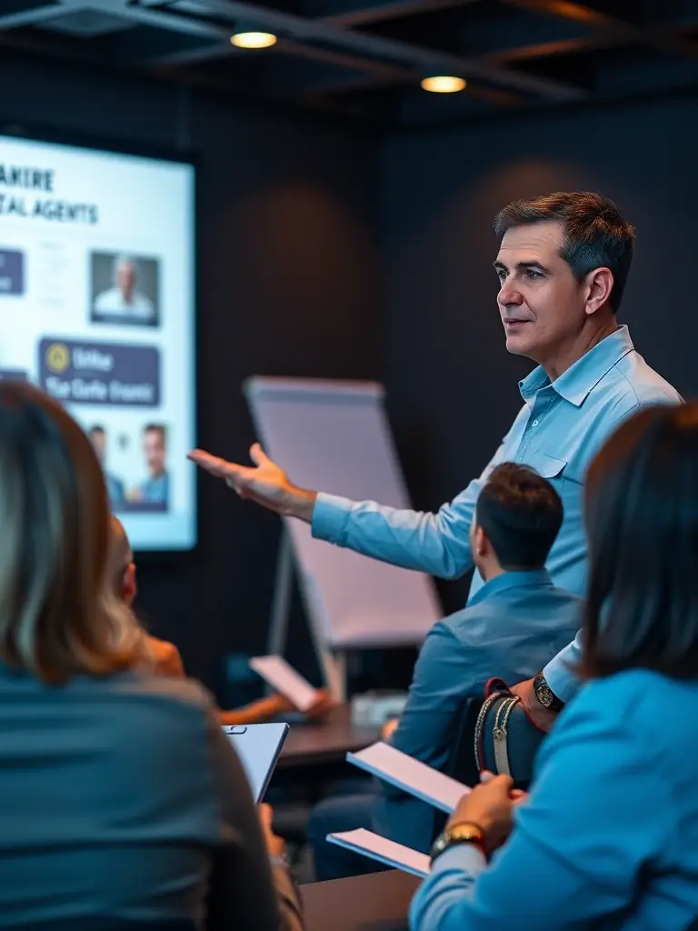 A consultant leading a workshop on digital marketing strategies for a group of real estate agents, focusing on practical tips and real-world applications.