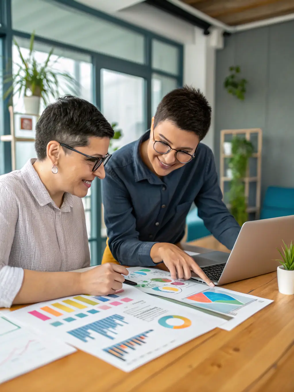 A consultant analyzing marketing analytics dashboards with a real estate executive, identifying key performance indicators and areas for improvement.