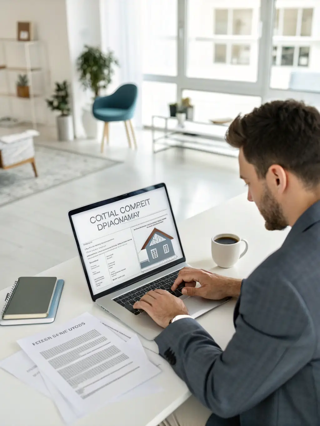 An image showing a real estate agent analyzing digital marketing analytics on a laptop with property images in the background, representing Ignite Scope's digital marketing services.