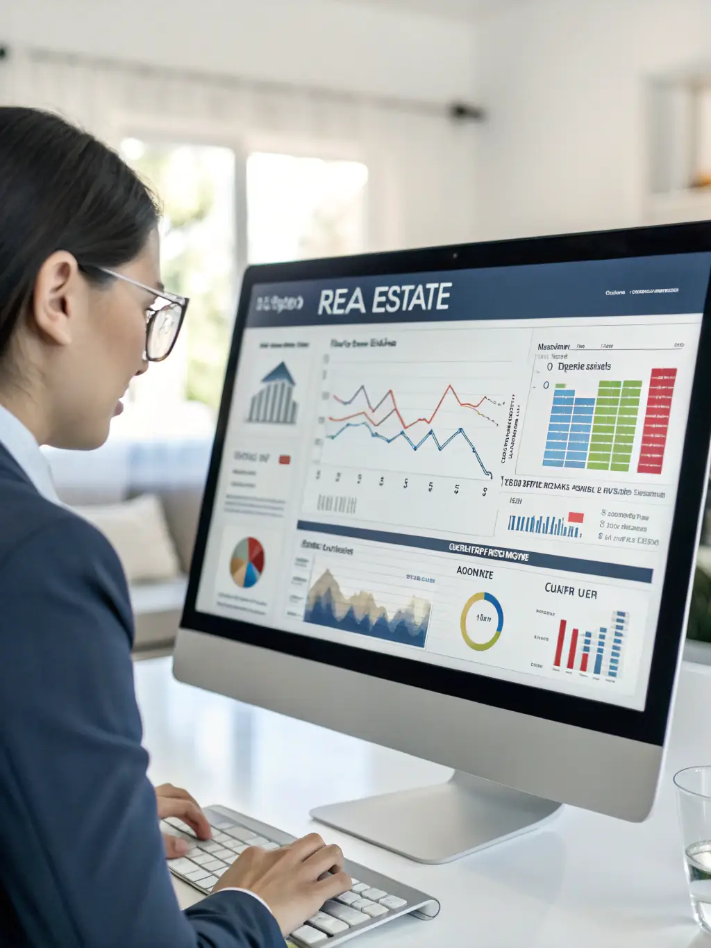 An image depicting a real estate agent reviewing detailed analytics of an advertising campaign's performance on a tablet, highlighting key metrics such as impressions, clicks, and conversions.