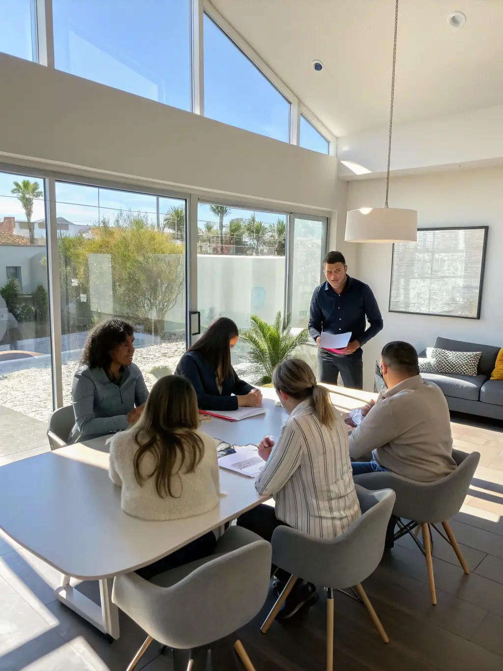 An image of a professional training session with real estate agents engaging with a trainer and digital devices, illustrating Ignite Scope's training programs.