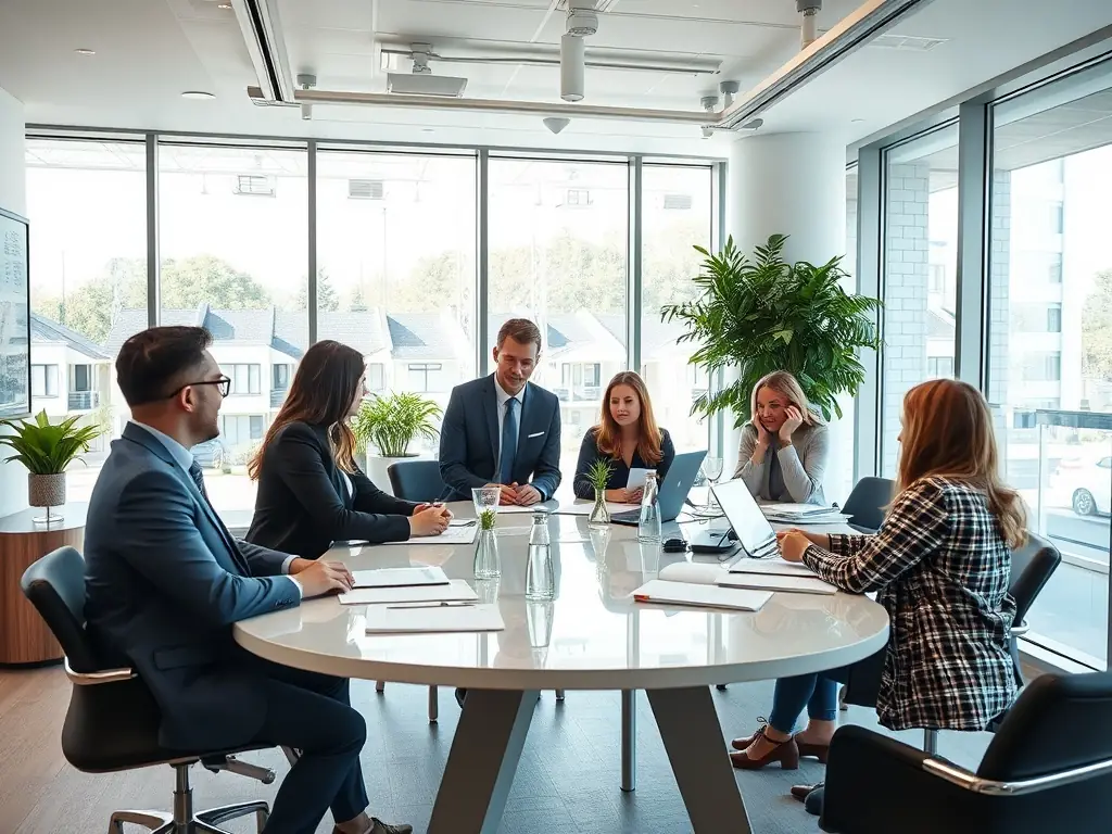 A modern real estate office interior with agents collaborating around a large table, discussing marketing strategies and client engagement techniques.